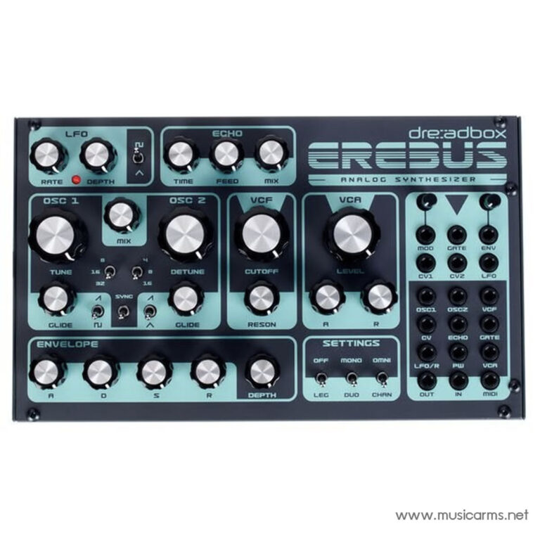 Dreadbox Erebus analog synthesizer front panel with teal sections and many knobs. ขายราคาพิเศษ