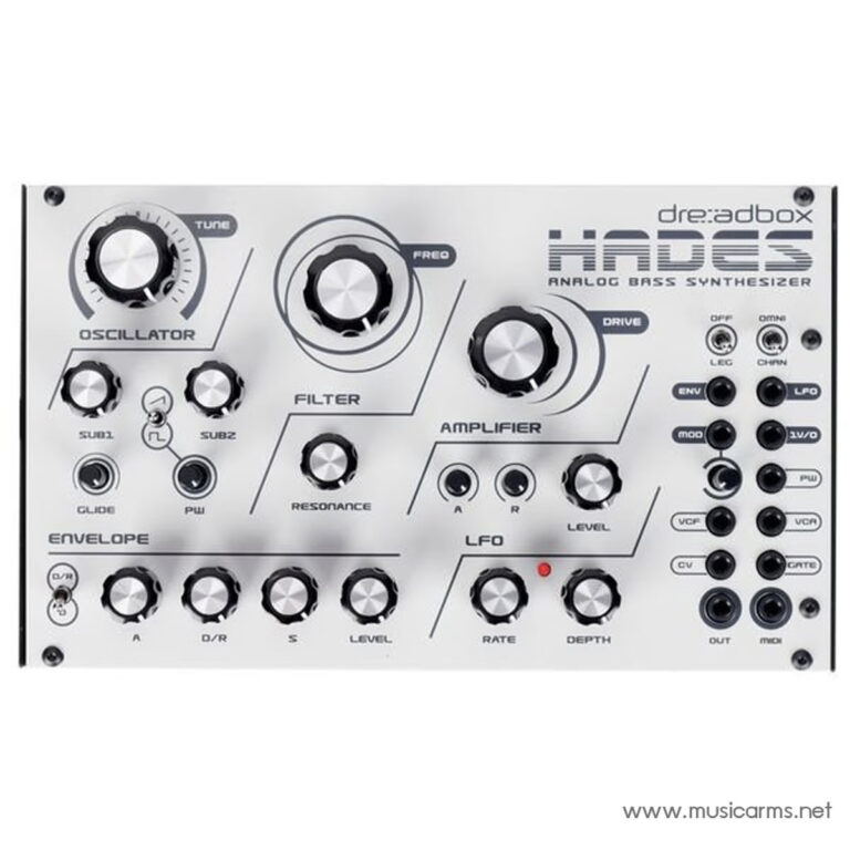Front panel of a dre:adbox HADES analog bass synthesizer with numerous knobs labeled Oscillator, Filter, Amplifier, Envelope and LFO, plus many patch jacks on the right side. ขายราคาพิเศษ