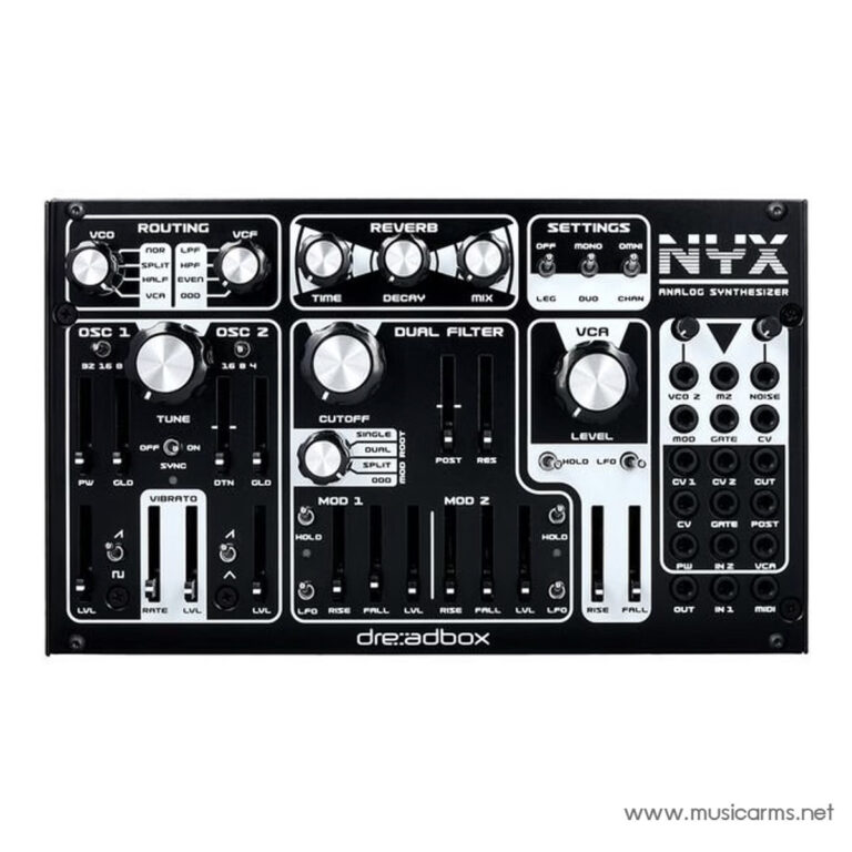Front panel of a black Dreambox analog synthesizer with many labeled knobs, sliders, and patch jacks (NIX). ขายราคาพิเศษ