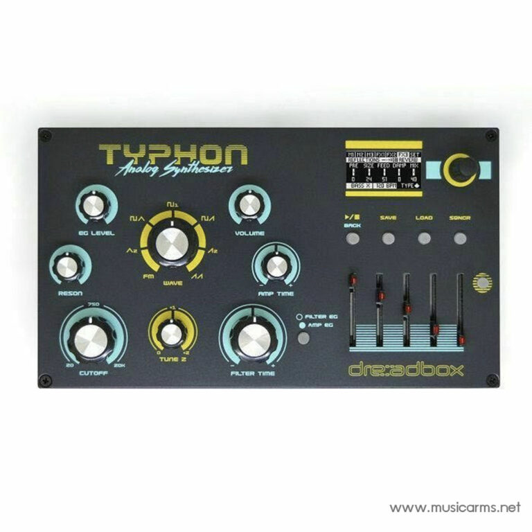 Typhon analog synthesizer front panel with teal knobs, yellow center dial, and sliders on the right set against a dark unit. ขายราคาพิเศษ