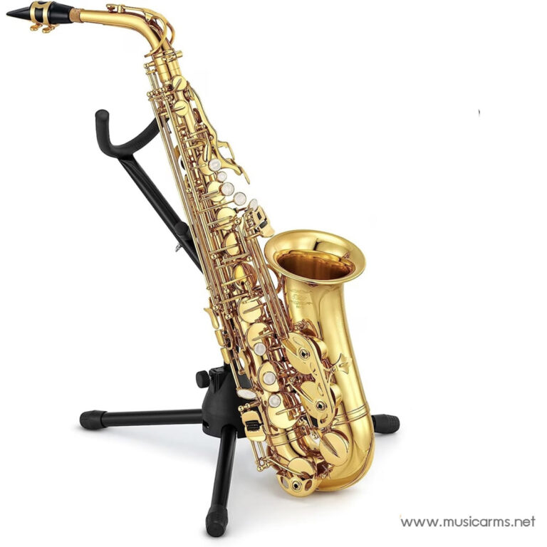 Gold saxophone resting on a black stand against a white background. ขายราคาพิเศษ