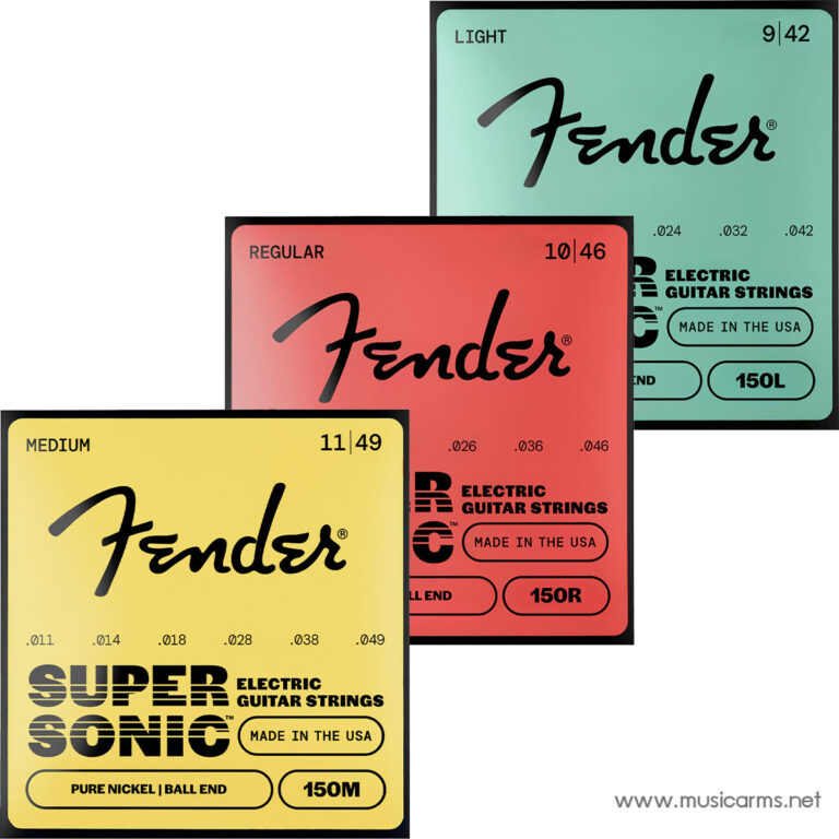 Three Fender electric guitar string sets in yellow, red, and teal, labeled Super Sonic (150M), Regular (10-46), and Light (9-42), all Made in the USA ขายราคาพิเศษ