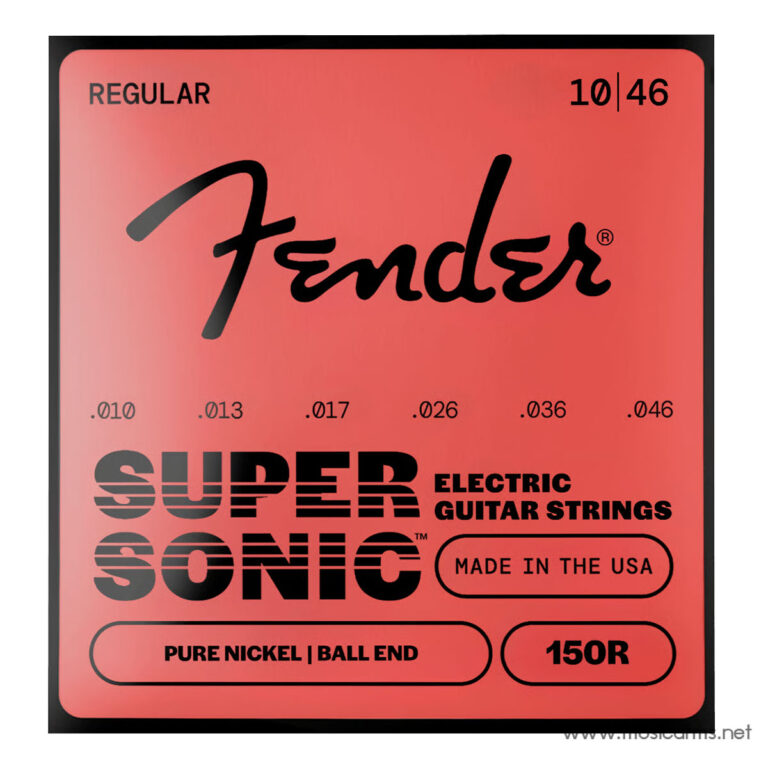 Red packaging for Fender Super Sonic electric guitar strings, showing Fender logo, 'Made in the USA' and gauge range .010–.046 ขายราคาพิเศษ
