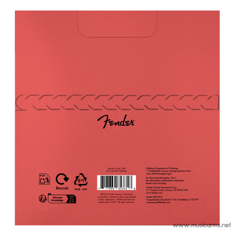Red Fender product packaging with logo and barcode, showing recycling icons and Made in USA label. ขายราคาพิเศษ