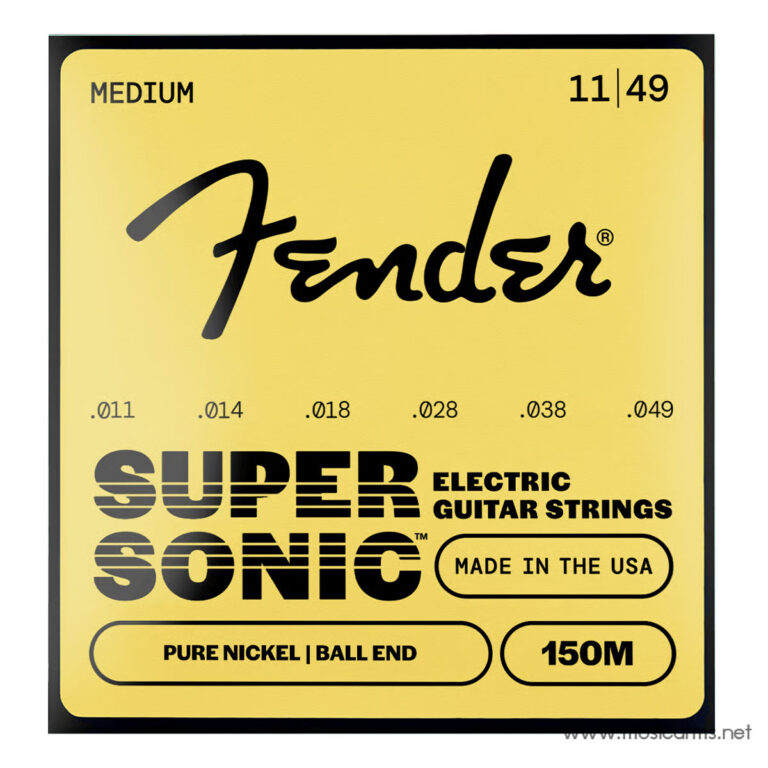 Fender Super Sonic nickel electric guitar strings on a yellow package, gauges .011–.049, made in the USA. ขายราคาพิเศษ