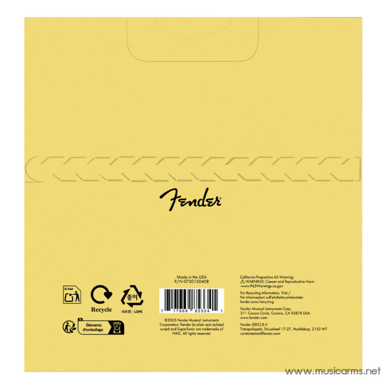 Yellow Fender packaging featuring embossed stitching pattern, prominent Fender logo, recycling icons, and a barcode. ขายราคาพิเศษ