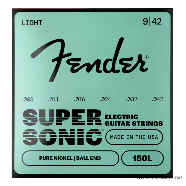 String set packaging: Fender logo on teal gradient card, gauges .009–.042, 'SUPER SONIC ELECTRIC GUITAR STRINGS', 'Made in the USA', '150L' ball end. ขายราคาพิเศษ