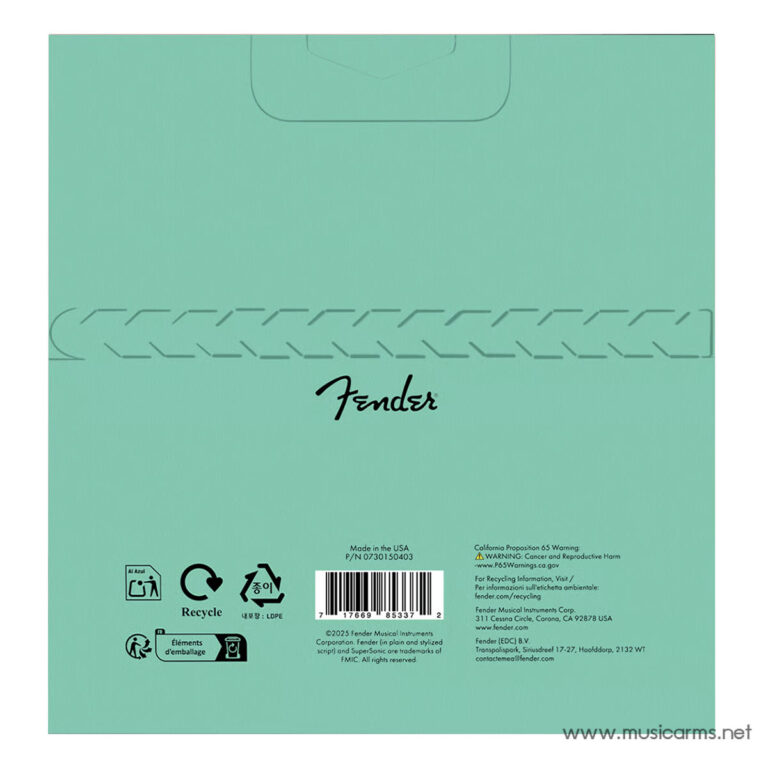 Teal Fender packaging back with embossed strap design, black Fender logo, recycling icons, barcode and small print at the bottom. ขายราคาพิเศษ