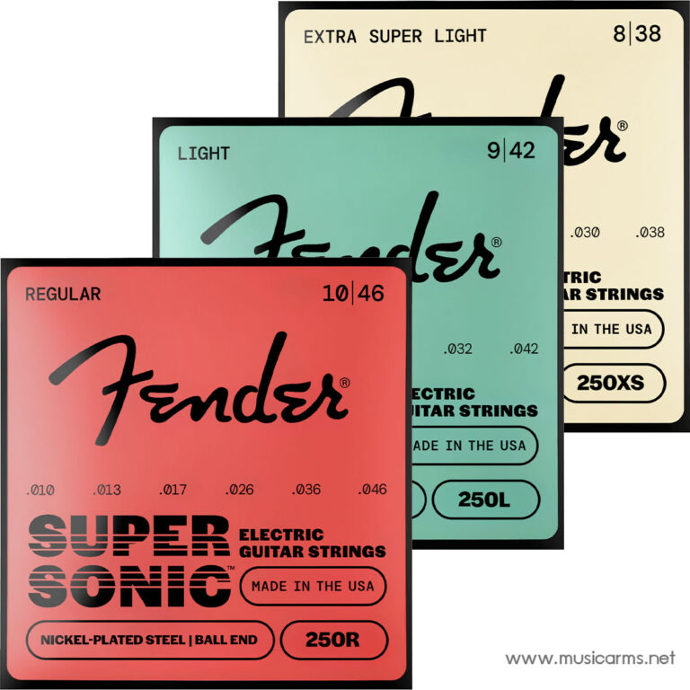 Three Fender electric guitar string packs in coral, teal, and cream, showing the Fender logo and gauge numbers; made in the USA. ขายราคาพิเศษ