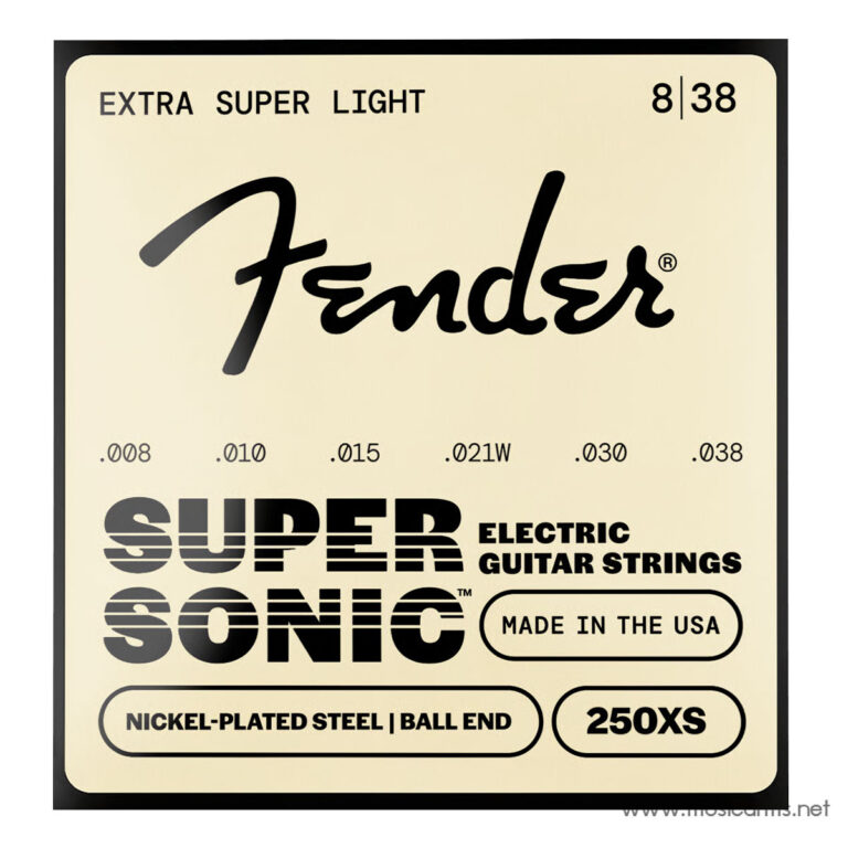 Fender Super Sonic electric guitar strings packaging on cream label showing gauges .008–.038, 'Made in the USA' and nickel-plated steel ball end ขายราคาพิเศษ