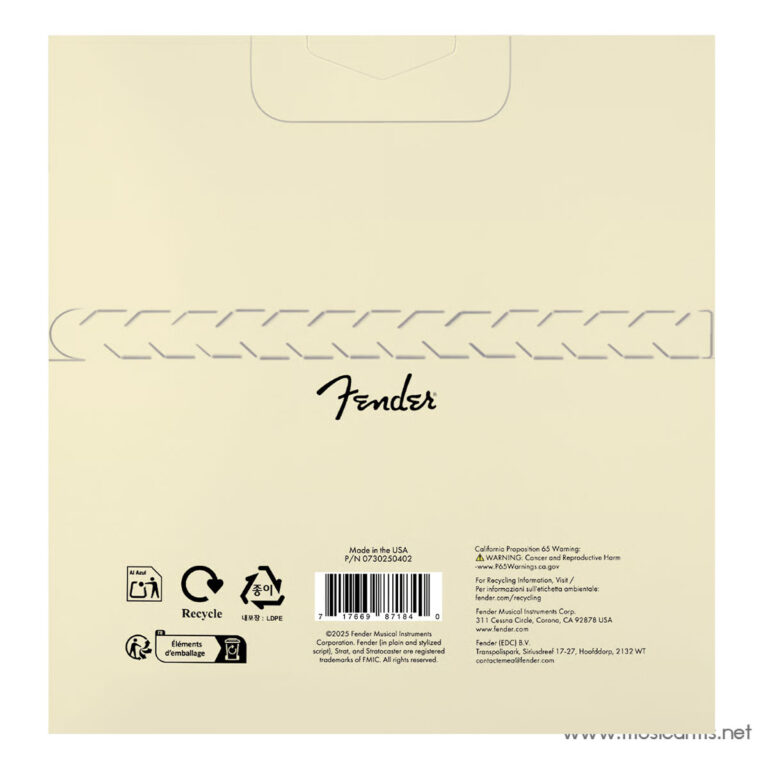 Beige Fender packaging with a handle cutout at the top, centered Fender logo, recycling icons and barcode at the bottom. ขายราคาพิเศษ