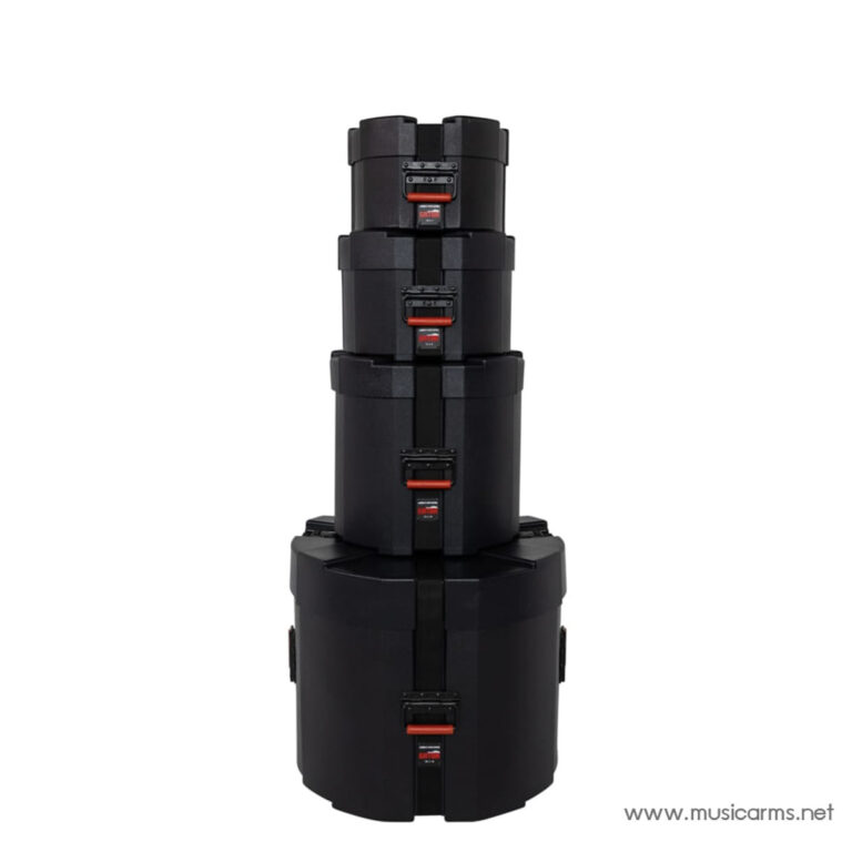 Stack of five black protective flight cases with red latches, stacked from small on top to large on bottom, on a white background. ขายราคาพิเศษ