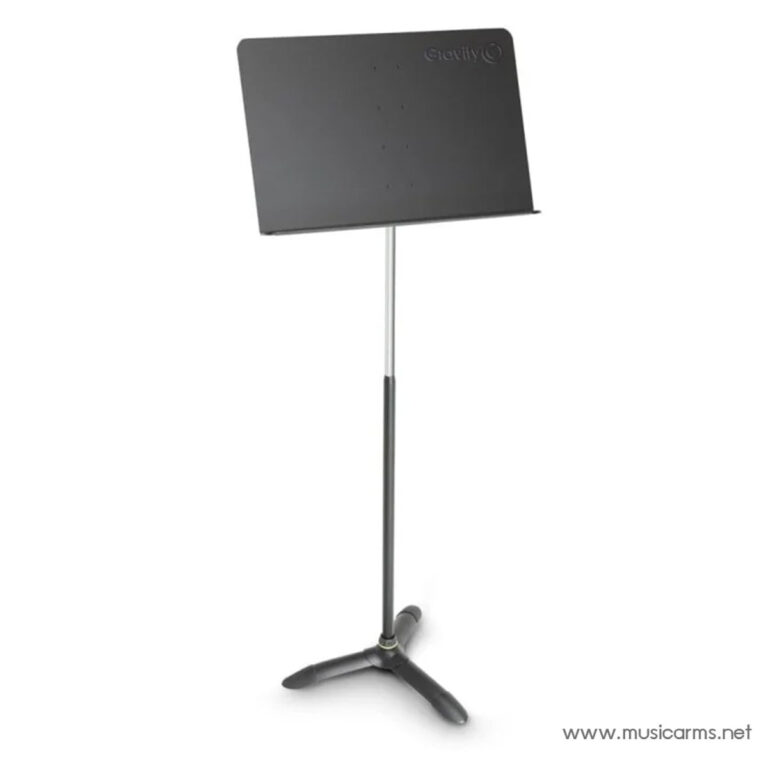 Adjustable black music stand with a three-legged base and vertical pole holding a rectangular sheet music holder. ขายราคาพิเศษ