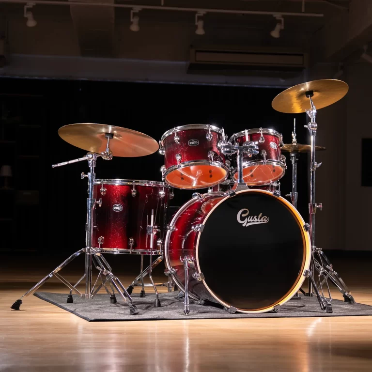 Red drum kit with cymbals set on a wooden stage, bass drum featuring a black head with 'Gusta' logo, illuminated against a dark backdrop. ขายราคาพิเศษ