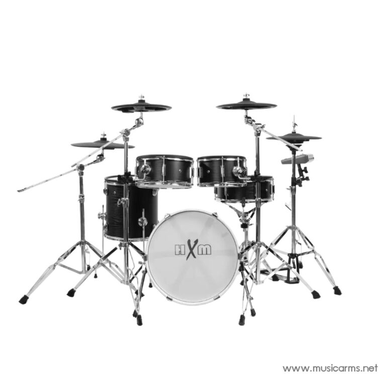 Full drum kit with multiple toms, a bass drum, snare, hi-hat and cymbals on chrome stands. ขายราคาพิเศษ