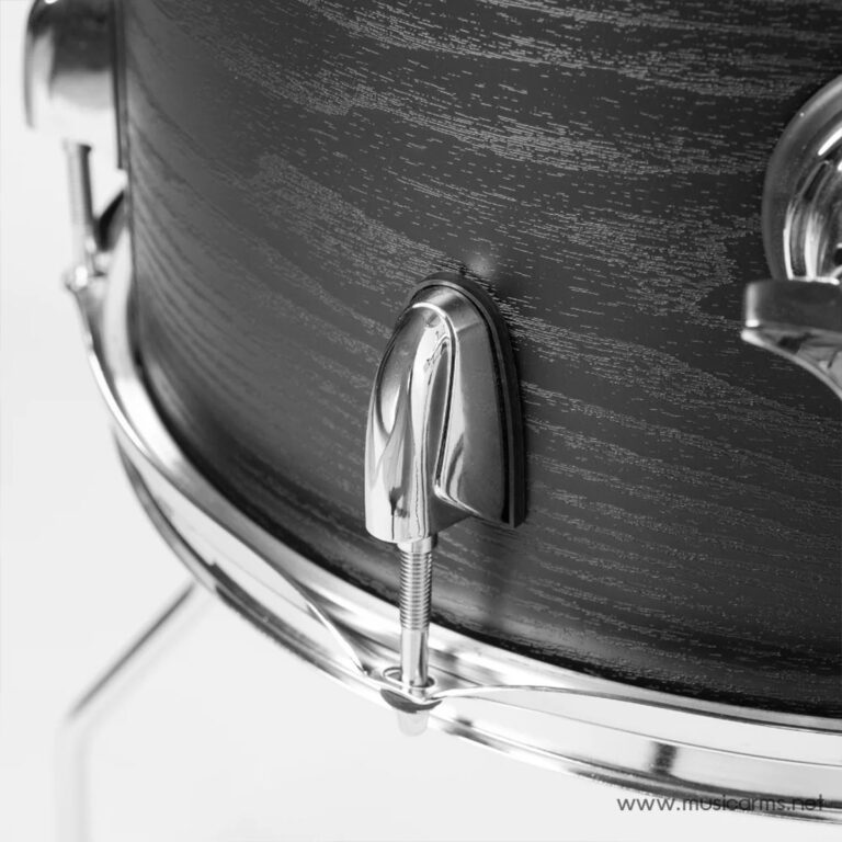 Close-up of a bass drum shell with wood grain and chrome mounting hardware attached to the shell. ขายราคาพิเศษ