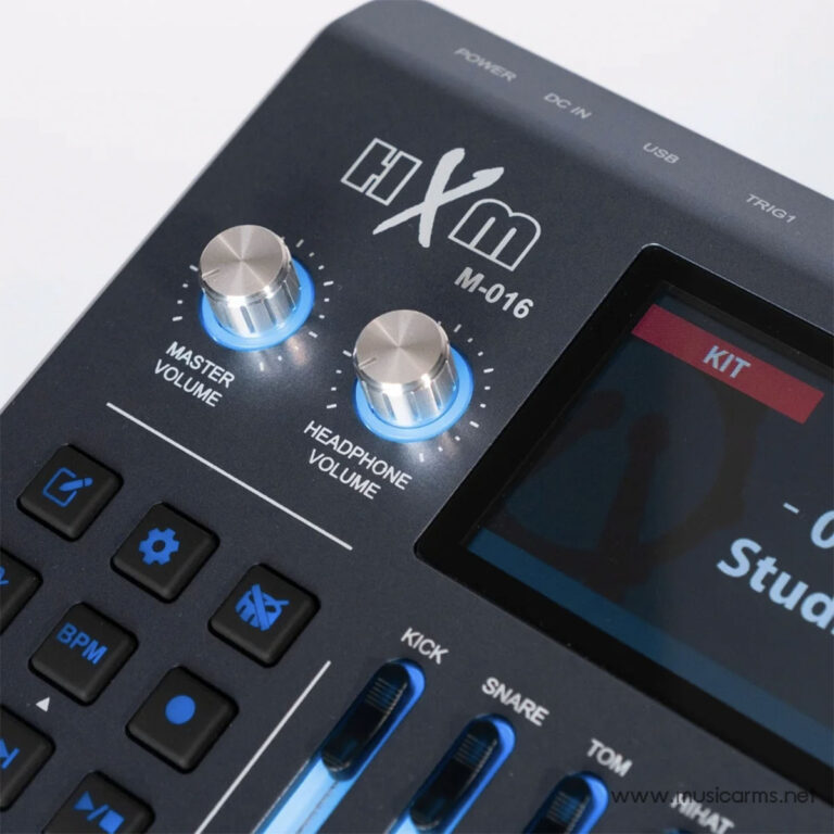 Close-up of an XM M-016 music mixer panel with blue-lit Master and Headphone Volume knobs and a display screen on the right side ขายราคาพิเศษ