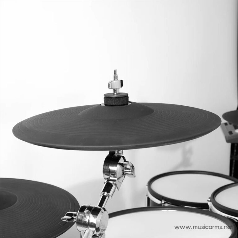 Close-up of a cymbal mounted on a drum kit with chrome hardware in black-and-white.Thinking concise and functional. ขายราคาพิเศษ