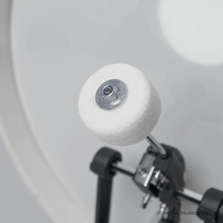 Close-up of a white foam microphone windscreen attached to a stand on a light background. ขายราคาพิเศษ