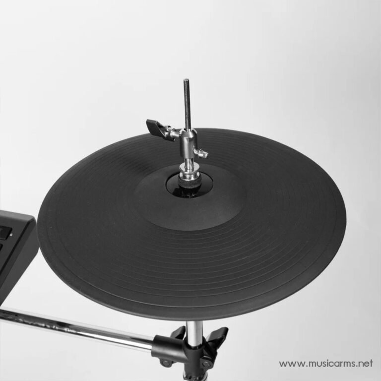 Close-up of a black cymbal mounted on a drum kit stand with a center post and clamp. Use: informative image for drum hardware. ขายราคาพิเศษ