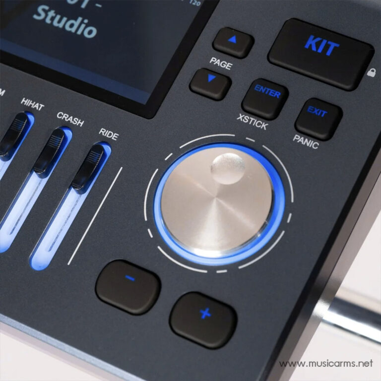 Close-up of a professional audio mixer front panel with three vertical faders labeled HIHAT, CRASH, and RIDE, and a large metallic circular knob encircled by a blue light; includes PAGE, ENTER, X-STICK, EXIT, and PANIC buttons and a small display area. ขายราคาพิเศษ