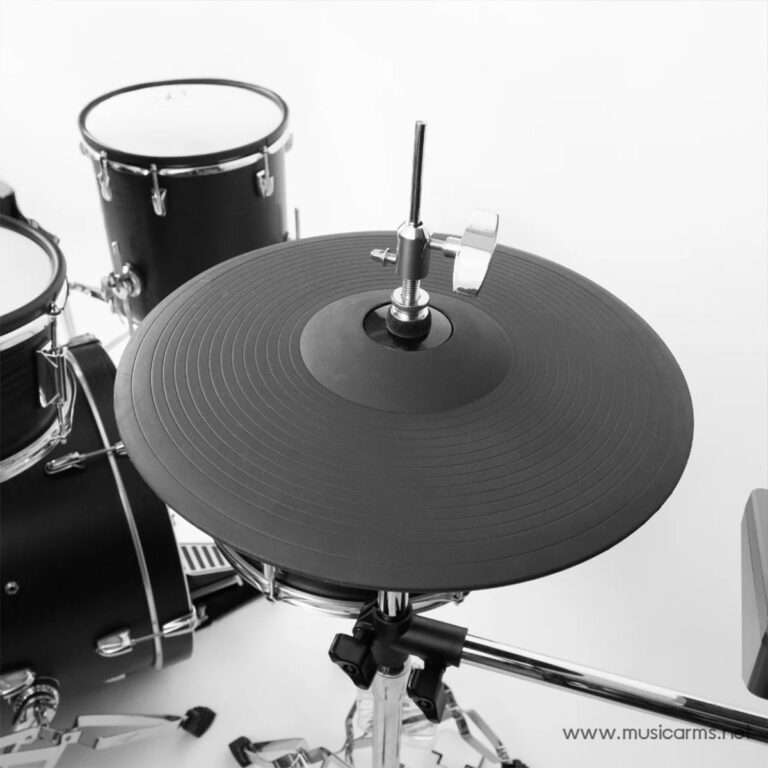 Close-up of a cymbal mounted on a drum kit with drums visible in the background (black-and-white). ขายราคาพิเศษ