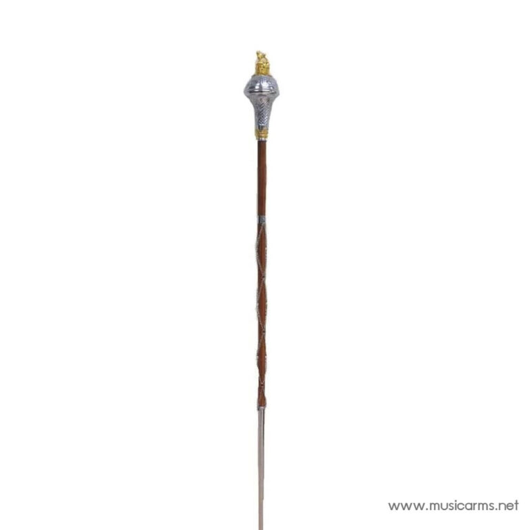 Ornate ceremonial staff with a twisted brown shaft and silver-gold finial on a white background ขายราคาพิเศษ
