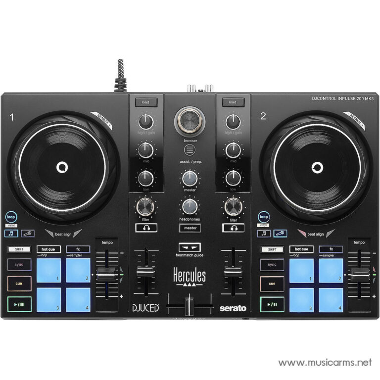 Two large jog wheels on a black DJ controller with a central mixer and blue performance pads (DJ Control Inpulse 200 MK3) ขายราคาพิเศษ