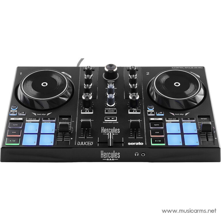 Dual-deck DJ controller with large jog wheels, central mixer, and blue performance pads, branded Hercules/Serato. ขายราคาพิเศษ