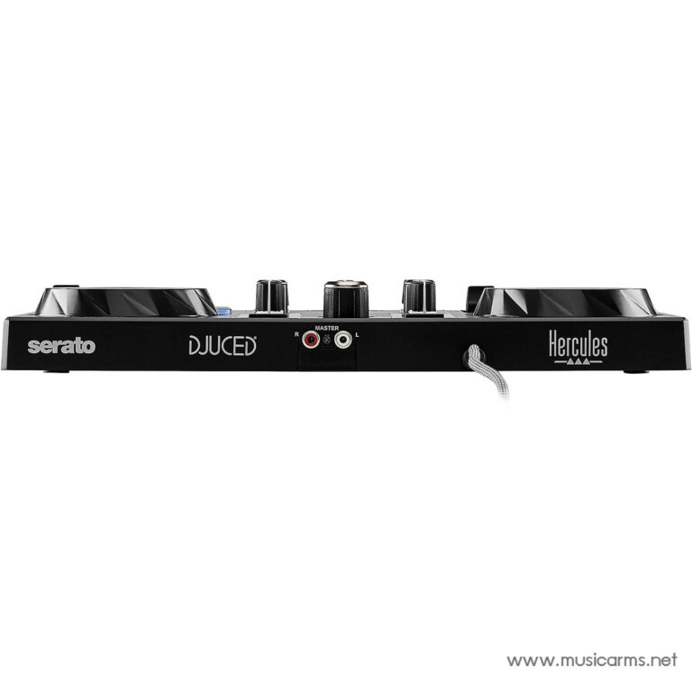 Side profile of a black DJ controller with Serato and Hercules branding, showing jog wheels, knobs, and input jacks over a white background with a visible cable or cord end on the right. ขายราคาพิเศษ