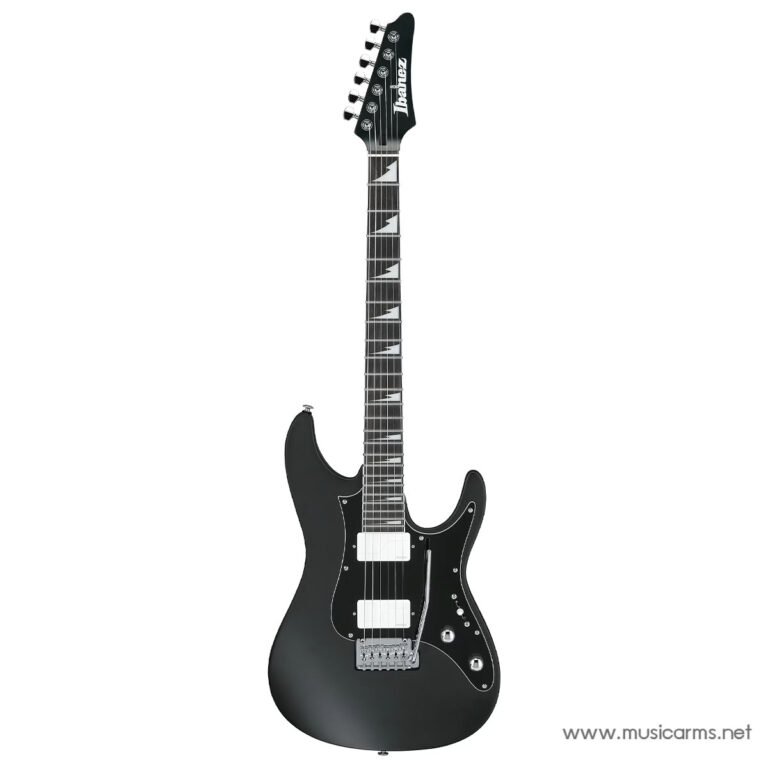Black double-cutaway electric guitar with two white pickups, silver bridge, and dark fretboard; Ibanez headstock visible at the neck end ขายราคาพิเศษ