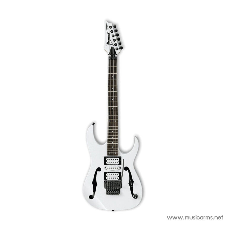 White Ibanez electric guitar with a tremolo bridge and multiple pickups, shown full-length with a white body and dark fretboard. ขายราคาพิเศษ
