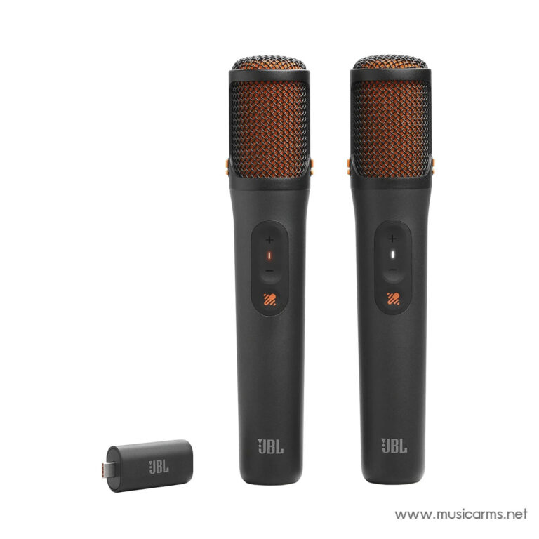Pair of wireless handheld microphones with orange mesh grills and a USB dongle placed beside them, JBL branded ขายราคาพิเศษ