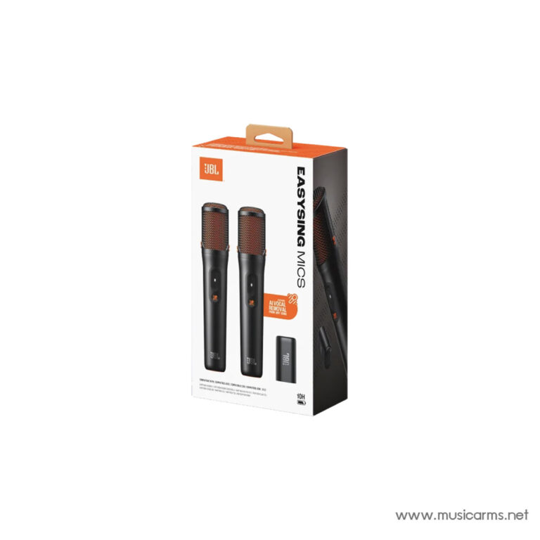 Boxed JBL Easy Singing Mics set showing two wireless handheld microphones with copper grills and black bodies. ขายราคาพิเศษ