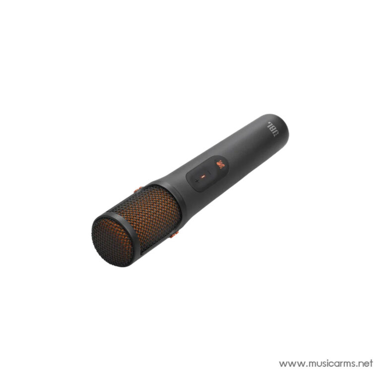 Handheld microphone with black body and orange mesh grille lying diagonally on a white background. ขายราคาพิเศษ