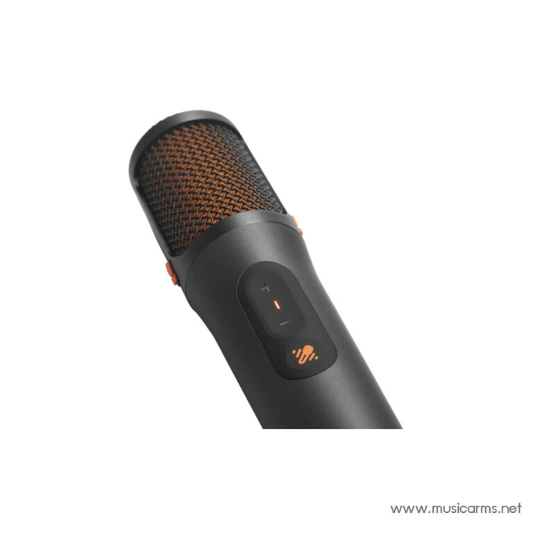 Close-up of a black USB microphone with orange mesh and an illuminated orange status light in the middle of the body. ขายราคาพิเศษ