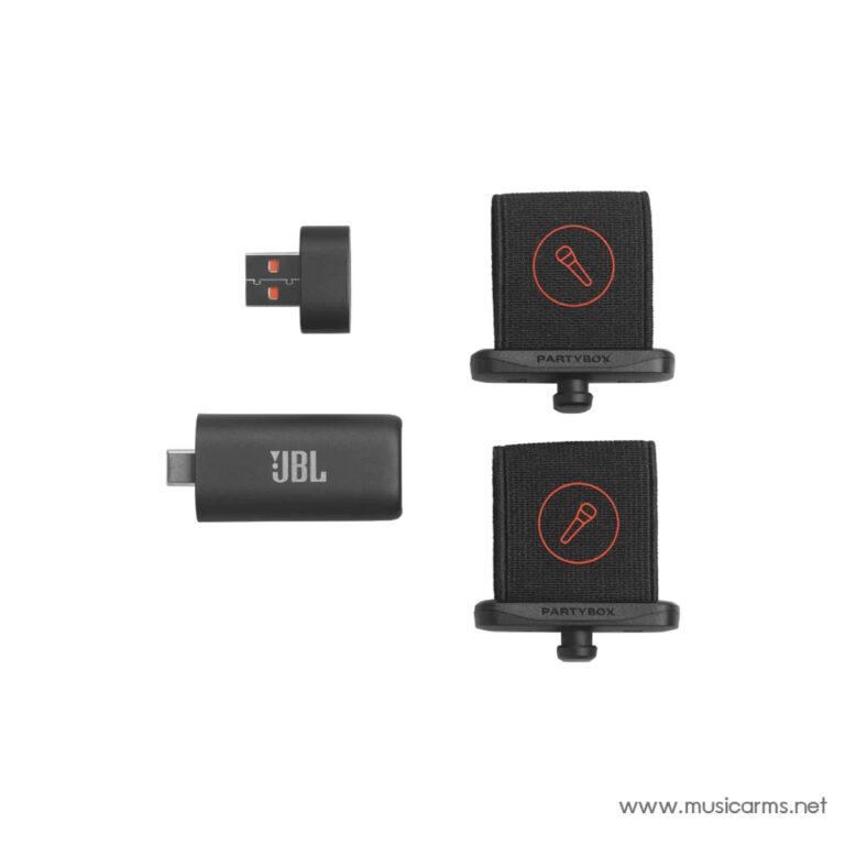 USB wireless receiver and two black PartyBox microphone clips with red mic icon (for PartyBox setup) ขายราคาพิเศษ
