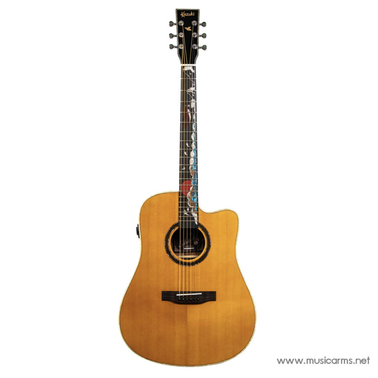 Full-length view of a natural wood acoustic guitar with a single cutaway and Kazuki brand headstock on a white background. ขายราคาพิเศษ