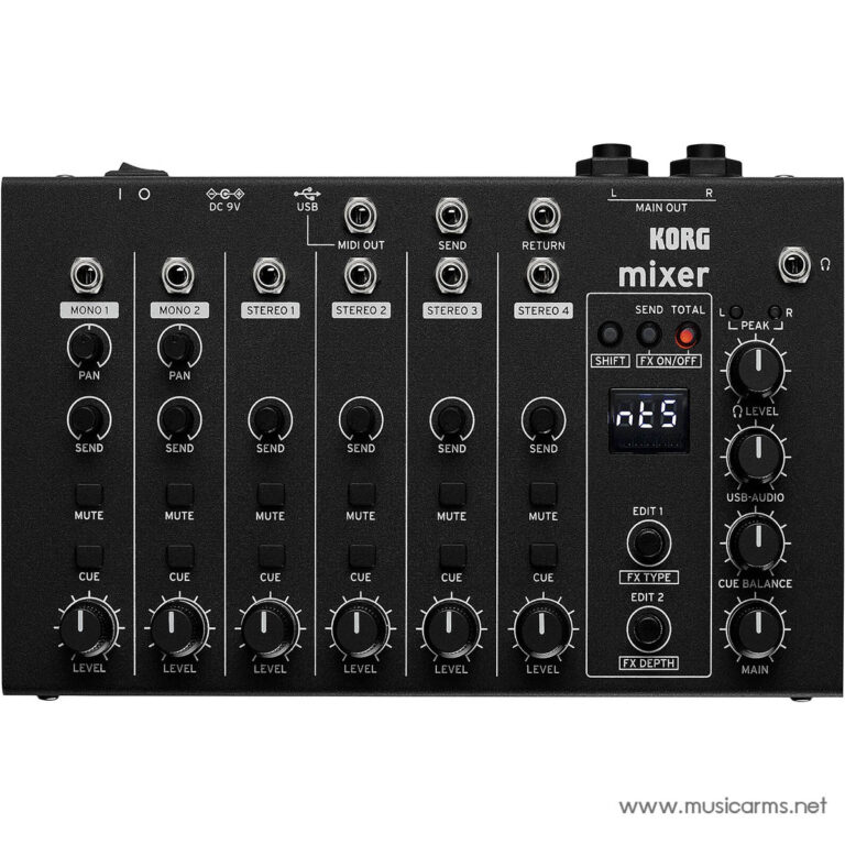 Korg mixer with five input channels (MONO 1–2 and STEREO 1–4), each having PAN, SEND, CUE, MUTE, and LEVEL controls. USB/MIDI/FX section on the right with main OUT. ขายราคาพิเศษ