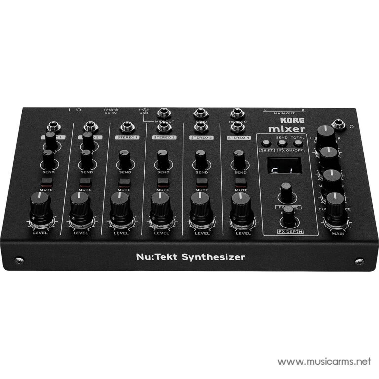Six-channel Nu:Tekt Synthesizer front panel with vertical channel strips, each having LEVEL knobs, SEND knobs, and MUTE switches, plus a small display and FX controls on the right side. ขายราคาพิเศษ