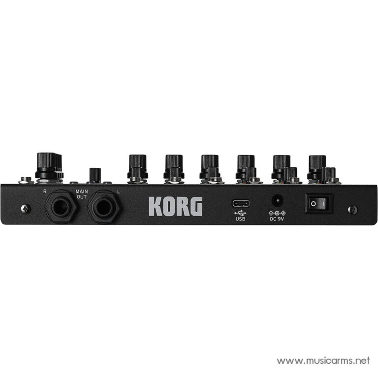 Rear view of a KORG device showing MAIN OUT 1/4 inch jacks, L/R inputs, USB port, DC 9V power, and power switch on the right ขายราคาพิเศษ