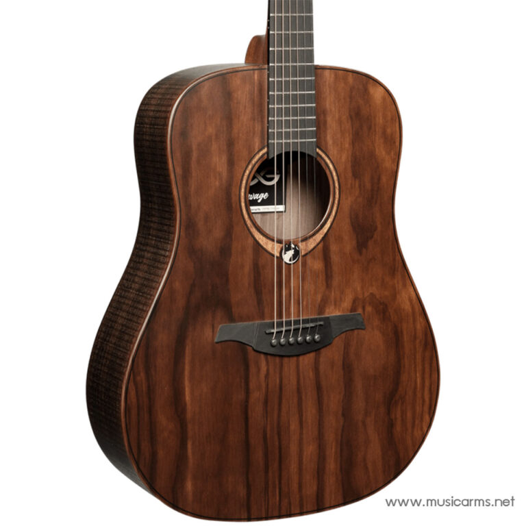 Brown glossy acoustic guitar with a dark wood grain, soundhole, and six strings, showing bridge and fretboard edge. (Image from musicarms.net) ขายราคาพิเศษ