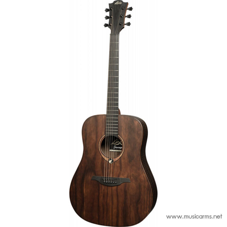 Dark wood acoustic guitar with a round sound hole and black bridge on a white background. ขายราคาพิเศษ
