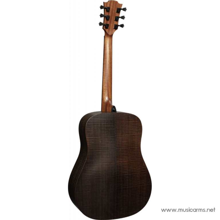 Back view of a dark brown acoustic guitar showing the neck and body. ขายราคาพิเศษ