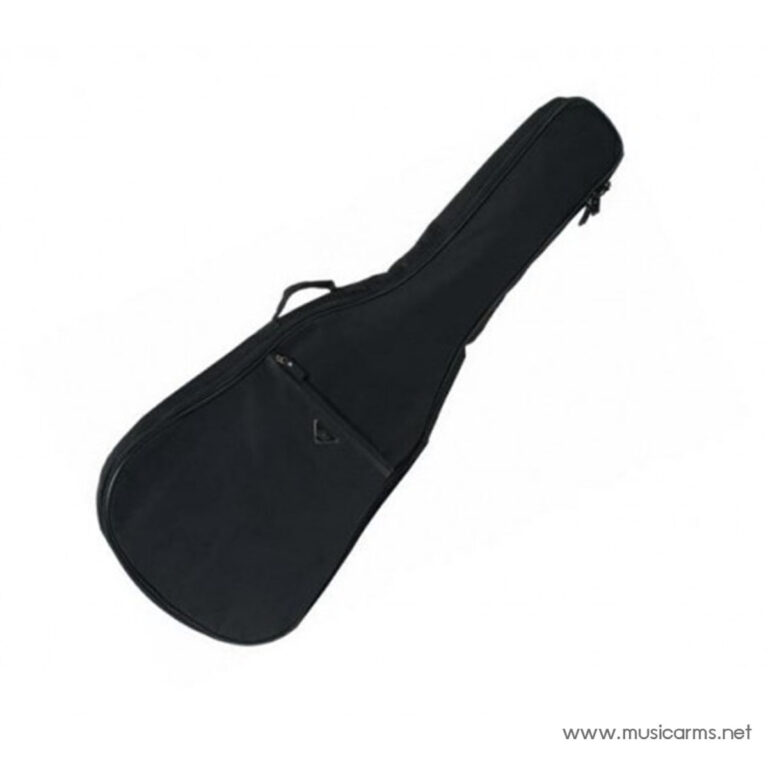 Black guitar case lying diagonally, with a zipper pocket and carrying handle visible on the side. ขายราคาพิเศษ