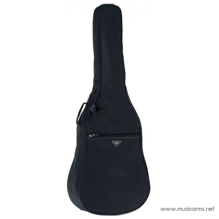Black guitar case standing upright with a front zip pocket and a handle on the side. ขายราคาพิเศษ