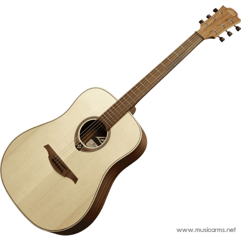 Diagonal view of a light‑colored acoustic guitar with sound hole and six strings on a white background ขายราคาพิเศษ