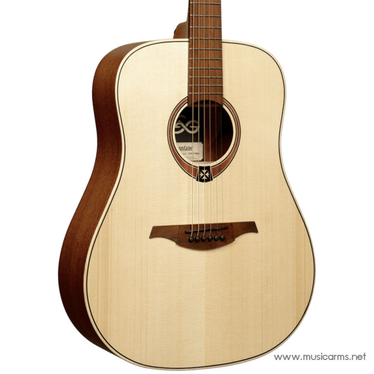 Light-colored acoustic guitar with six strings and a round soundhole. ขายราคาพิเศษ