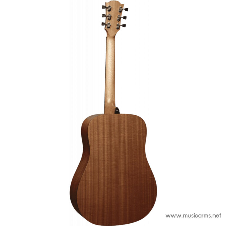 Rear view of a brown wooden acoustic guitar, showing the back, neck, and headstock with tuning pegs ขายราคาพิเศษ