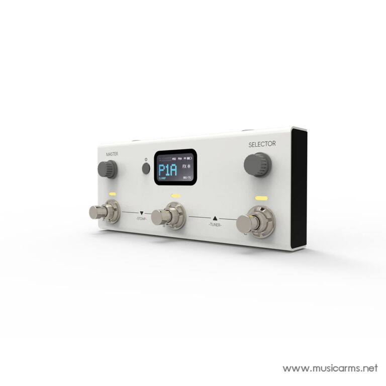 White guitar multi-effects processor with three large footswitches, a central LCD display, and two top knobs labeled Master and Selector (site: musicarms.net). ขายราคาพิเศษ